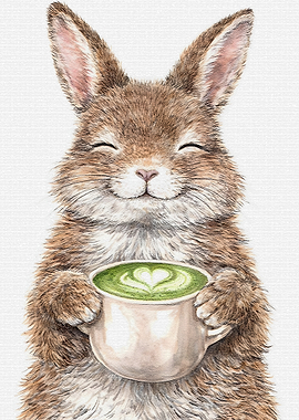 Cute Bunny Holding Matcha Latte