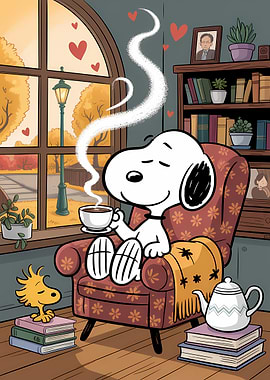 Snoopy and Woodstock enjoy coffee
