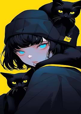Anime Girl with Black Cats