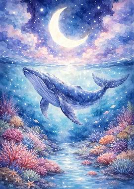Whale swimming under a crescent moon