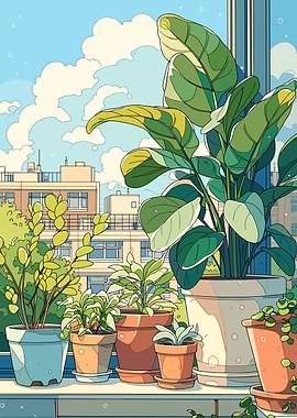 Potted Plants on a Windowsill with City View