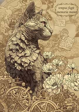 Steampunk Cat with Flowers and Gears