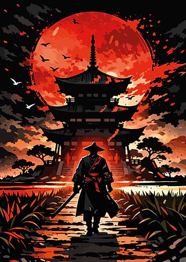 Samurai Before Pagoda Under Red Moon
