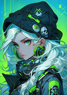 Cyberpunk Anime Girl with Green Accents