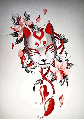 Kitsune Mask with Flowers and Tassels