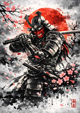 Samurai Warrior with Red Mask and Swords