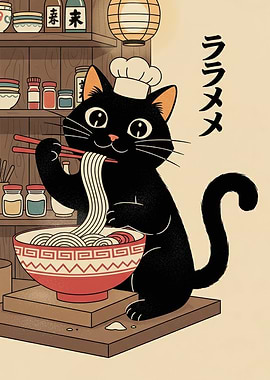 Black Cat Chef Eating Ramen
