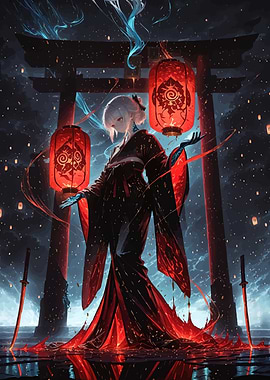 Anime Girl in Kimono with Lanterns