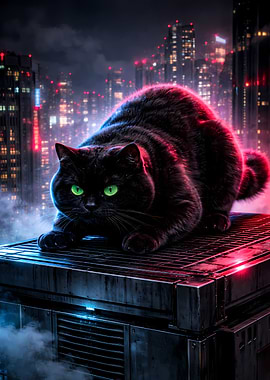 Black Cat Rooftop Hunting Pose Neon Tokyo Night