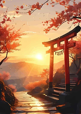 Japanese Torii Gate at Sunset