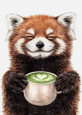 Red Panda Enjoying Matcha Tea