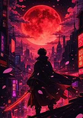 Samurai in a Neon City Under a Red Moon