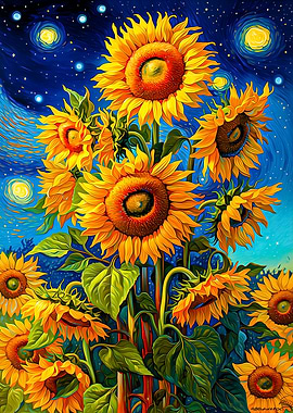 Sunflowers Under a Starry Night Sky