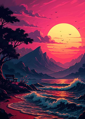 Vibrant Sunset Over Mountainous Coastline