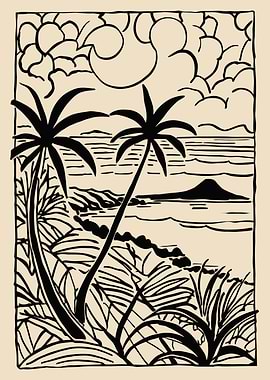 Tropical Island Scene with Palm Trees