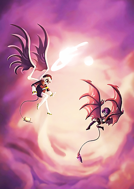 Two winged figures in a cosmic sky