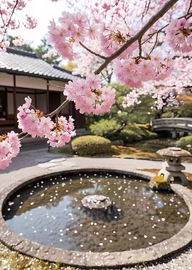 Cherry Blossoms Over Japanese Garden Pond