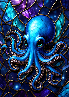 Stained Glass Octopus in Cosmic Background