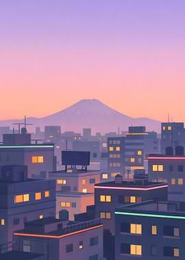 Cityscape with Mount Fuji at Sunset