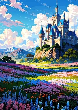 Enchanted Castle in a Flower Field