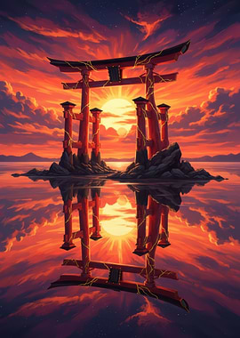 Torii Gate at Sunset Reflection