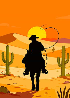 Cowboy riding a horse at sunset
