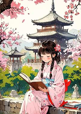 Girl in Kimono Reading Book