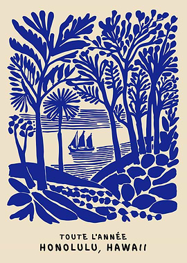 Blue Tropical Landscape with Sailboat