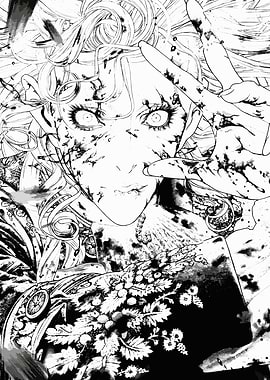 Disturbing Manga Portrait with Blood Splatter