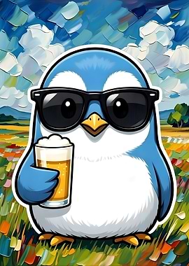Penguin with Sunglasses and Beer Drinking