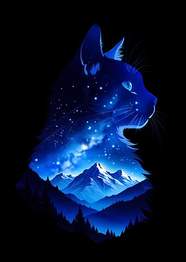 Cosmic Cat Silhouette Over Mountains