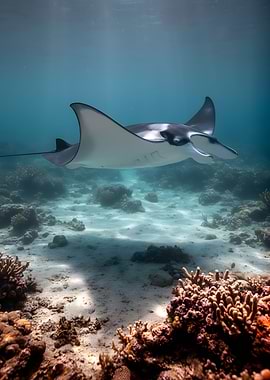 Manta Ray Swimming Over Coral Reef