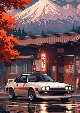 Retro Japanese Car with Mount Fuji