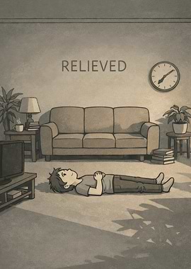 Relieved person lying on floor