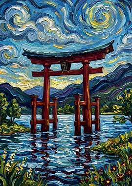 Torii Gate in Water with Starry Sky