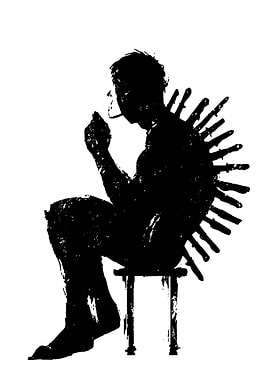Man with Knives in Back Smoking