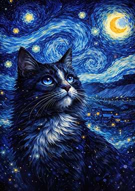 Cat in Starry Night Sky
