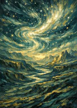 Cosmic Swirl Over Alien Landscape