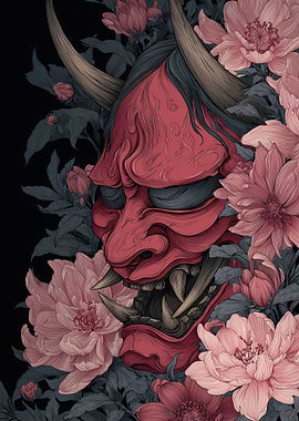 Oni Mask with Pink Flowers