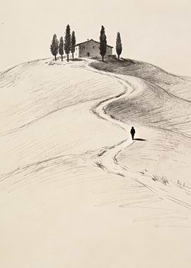 Lone figure on a winding path to a Tuscan villa