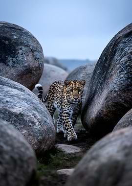 Leopard walking through rocks