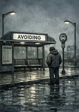 Man at Rainy Bus Stop