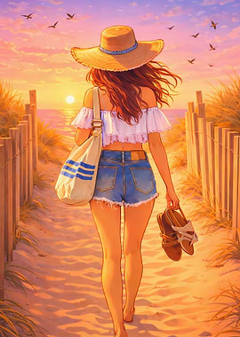 Woman walking on beach at sunset