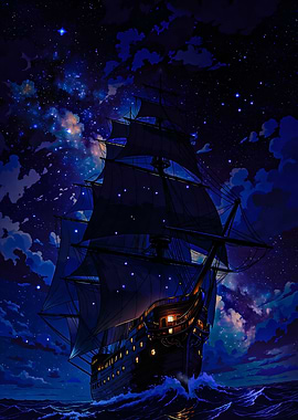 Pirate Ship Under a Starry Night Sky