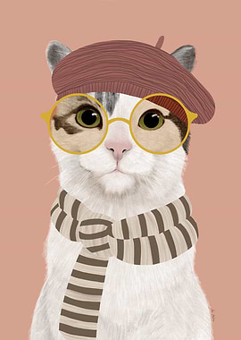 Cat Wearing Beret and Glasses