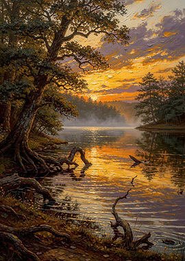 Sunset over a tranquil lake