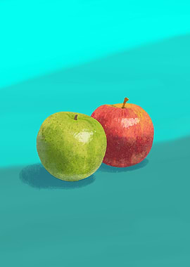 Two Apples on Teal Background by Tatsuro Kiuchi