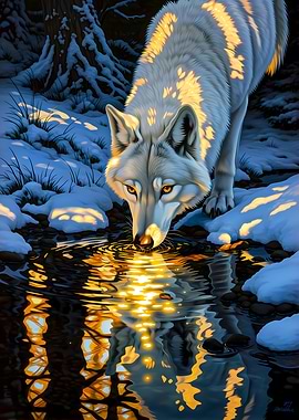 White Wolf Drinking in Snowy Forest