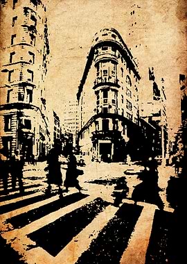 Vintage City Street Scene with Pedestrians