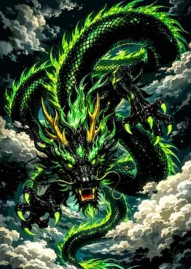 Green Fiery Dragon in Clouds